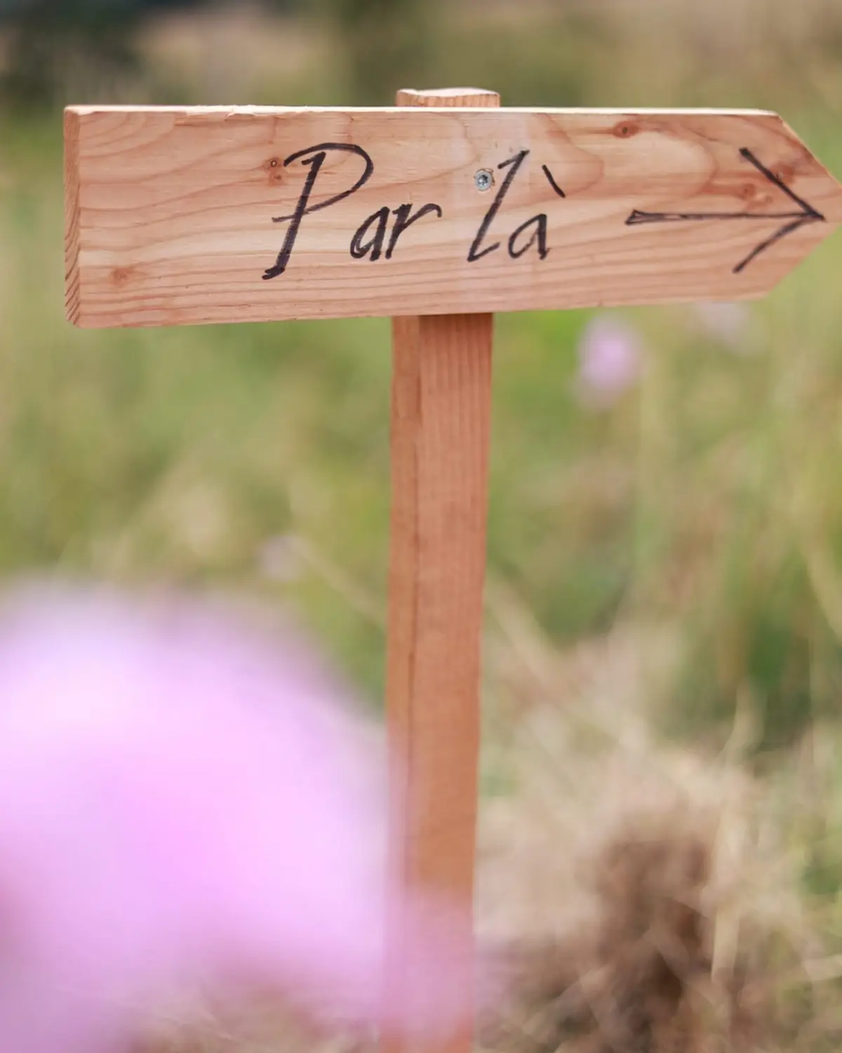 Un panneau de bois « Par là » planté dans l’herbe d’un mariage champêtre