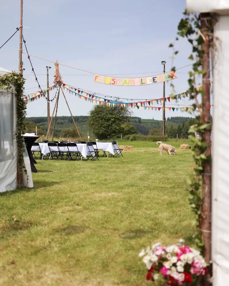 A white marquee and bunting strung over a meadow for an outdoor reception (photo by Vally Photography)