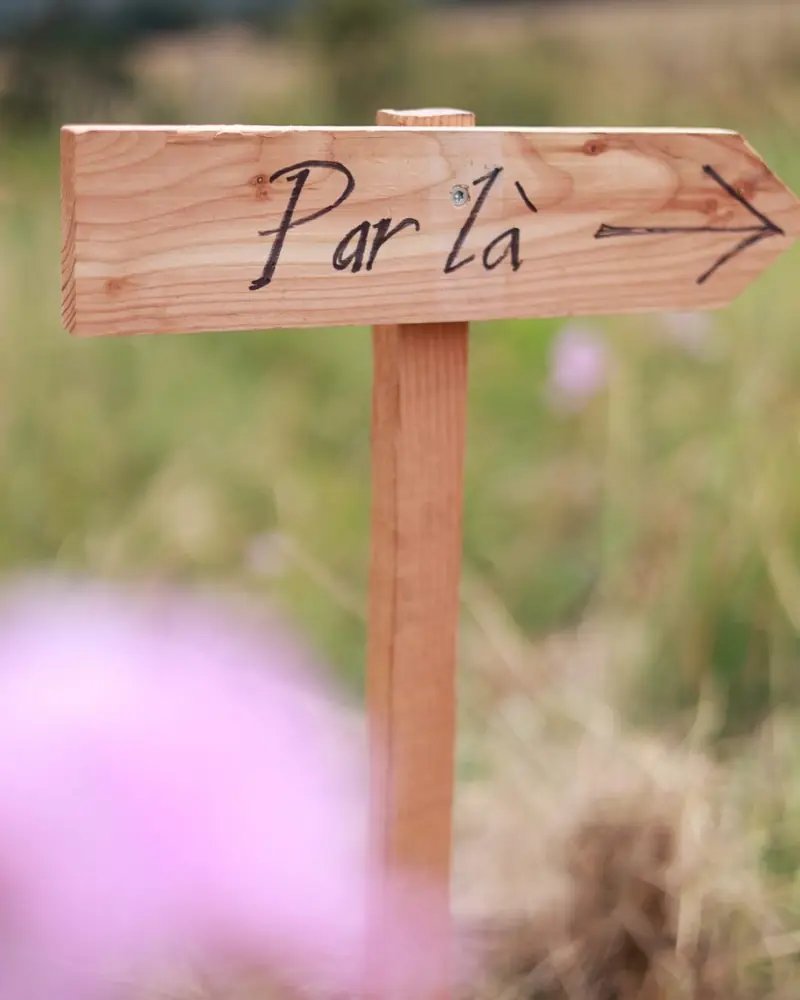 Un panneau en bois « Par là » planté dans un champ fleuri (photo Vally Photography)